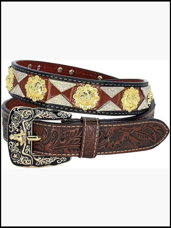 Accessories - Genuine Leather Western Concho Belt with Tooled Design